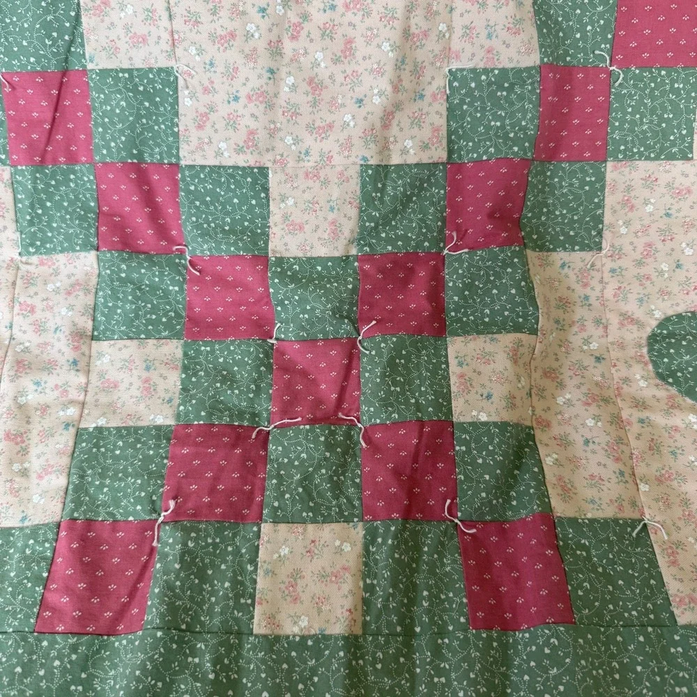 Handmade Heart Patchwork Quilt‎ Sage Green Pink Floral 96x76.5 Unfinished